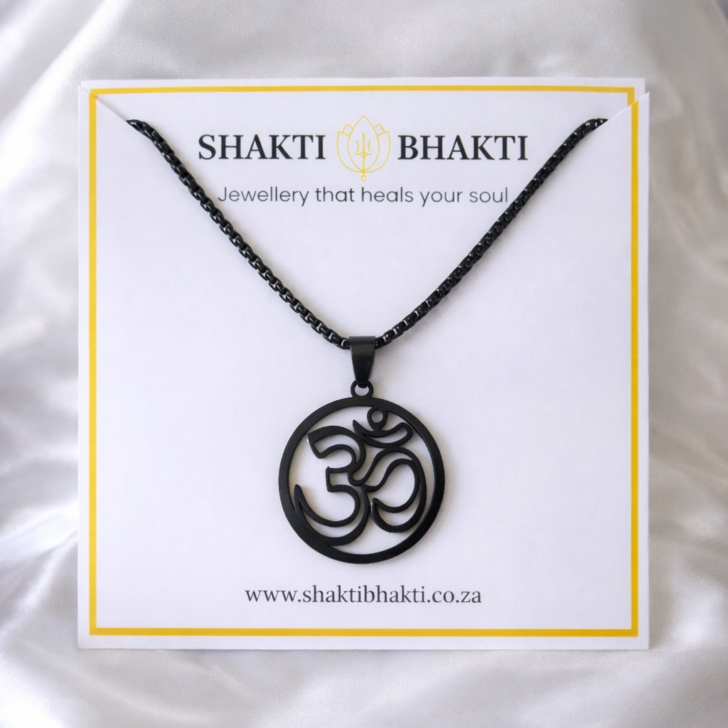 Black pendant necklace on a Shakti Bhakti branded card with white background
